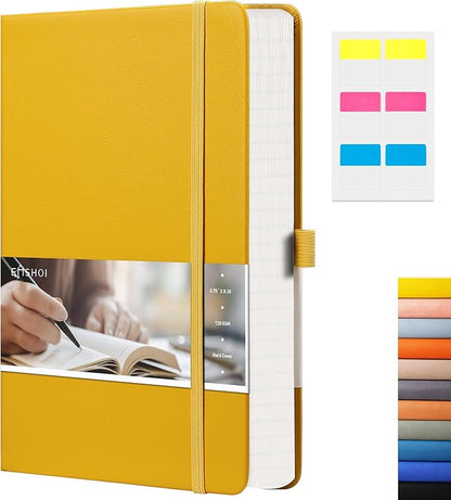 EMSHOI Lined Journal Notebook - 120gsm Thick Leather Journal with Sticky Notes, 256 Numbered Pages A5 Hardcover College Ruled Notebook for Women Men Work School Writing, Medium 5.75" x 8.38"-Yellow
