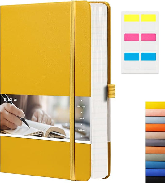EMSHOI Lined Journal Notebook - 120gsm Thick Leather Journal with Sticky Notes, 256 Numbered Pages A5 Hardcover College Ruled Notebook for Women Men Work School Writing, Medium 5.75" x 8.38"-Yellow