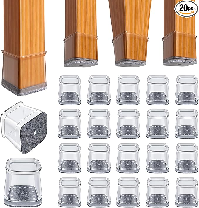 BUMACO Chair Leg Floor Protectors Square Chair Leg Protectors for Hardwood Floors Silicone Pads Covers to Protect Floors(Clear-20 Pcs, Square S (3/4" ~ 1")