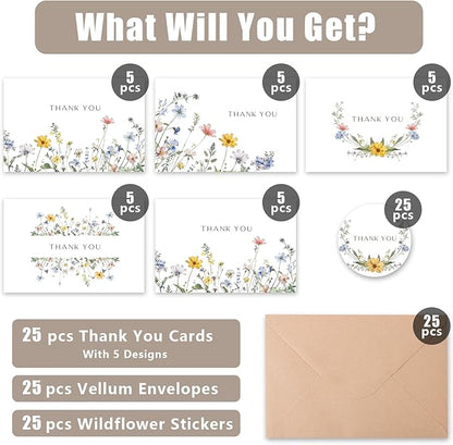 Thank You Cards with Envelopes(25 pack 4x6), Blank Cards with 5 Wildflower Designs, Perfect for Bridal Shower, Baby Shower, Wedding, Birthday, All Occasion