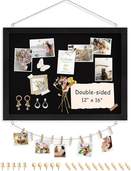 Double-Sided Black Cork Board with Linen, 16" x 12" Hanging Wood Framed Small Bulletin Board, Picture Display Vision Board Kit Corkboards for Wall Room School Office Decor, 20 Pushpins