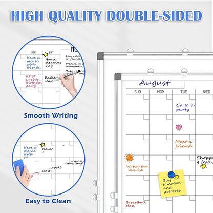 WALGLASS Dry Erase Calendar Whiteboard, 48" x 36" Monthly Large Dry Erase Calendar for Wall, Double-Sided Hanging Calendar White Board with Silver Aluminum Frame for Home, School, Office, Kitchen