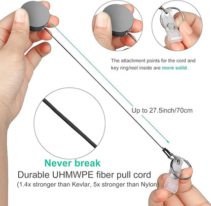 Will Well ID Badge Holder Reel with Clip and Keyring - Heavy-Duty All-Metal Casing with 27.5" UHMWPE Fiber Pull Cord for Durability and Easy Access, Holds up to 8 Keys - 2-Pack, Round, Glossy Silver