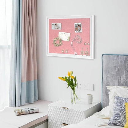 Large Pink Cork Board with Linen, 36" x 24" Hanging Wood Framed Bulletin Board, Picture Display Vision Board Corkboards for Wall Room School Office Decor, 10 Pushpins, 1 Pack