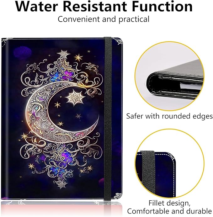 PU Leather Padfolio Clipboard Notepad with Pen Loop and Elastic Strap Interview/Resume Document Organizer for Business School Office,Moon Star Galaxy Floral