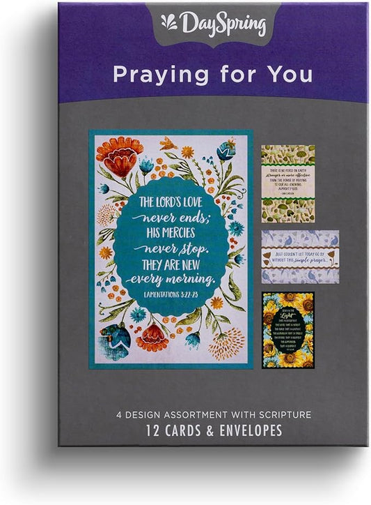 DaySpring - The Lord's Love Never Ends - 4 Floral Desgin Assortment with Scripture - 12 Boxed Praying for You Cards & Envelopes (J9176)