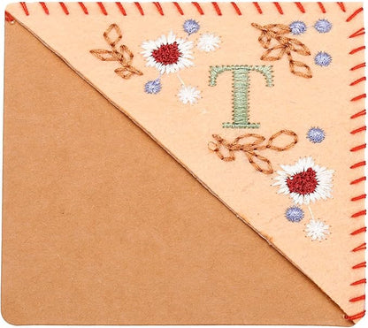 PATIKIL Personalized Embroidered Corner Bookmark, Cute Flower Felt Stitched Triangle Book Mark Page Marker for Women Men Book Lovers Teachers, Pink, Letter T