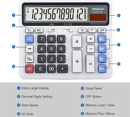 Desktop Calculator, Extra Large LCD Display Computer Button 12 Digits Accounting Calculator (OS-2135 Pro-2Pcs)
