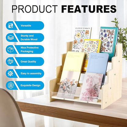Greeting Card Display Stand , Acrylic Sticker Display Holder for Vendors, Counter Retail Display Rack , 4-Tiered Wooden/Acrylic Display stand for postcard /Brochure/Photos/Picture