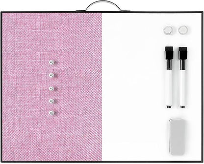 Small White Board Cork-Board Combo - 16 X 12 inches Pink Linen Board & Magnetic Dry Erase Board for Wall, Mini Bulletin Cork Board with Holder for Office, Home and School