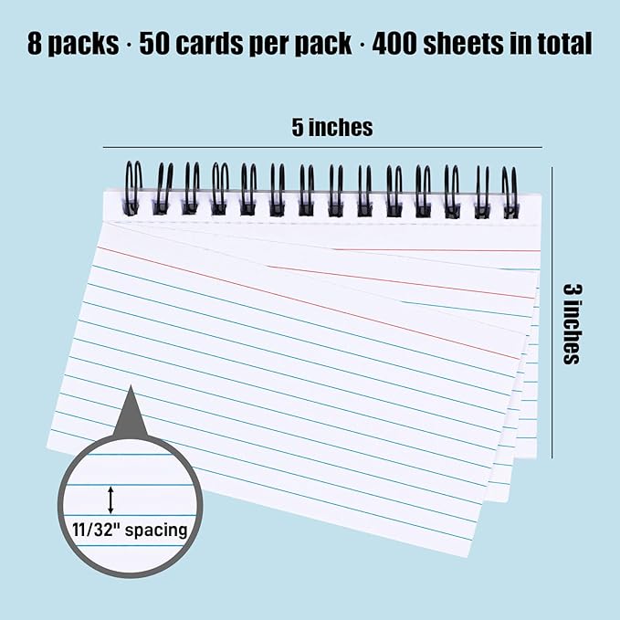 Koogel 400 Pages, 3 x 5 Inch White Learning Card Note Cards 8 Pack of White Paper Ring Bulk Index Cards for Home School Office