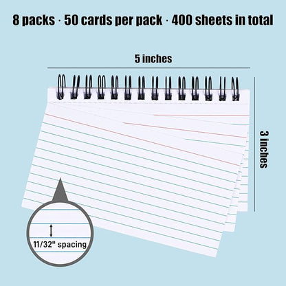 Koogel 400 Pages, 3 x 5 Inch White Learning Card Note Cards 8 Pack of White Paper Ring Bulk Index Cards for Home School Office