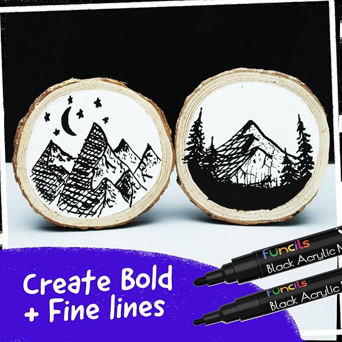 5 Acrylic Black Paint Pen - Fine Tip, Thin Point & Jumbo Pens (1mm, 3mm, 6mm, 10mm, 15mm) - Black Paint Marker for Plastic, Canvas, Wood, Rock Painting, Fabric, Tire, Metal, Glass