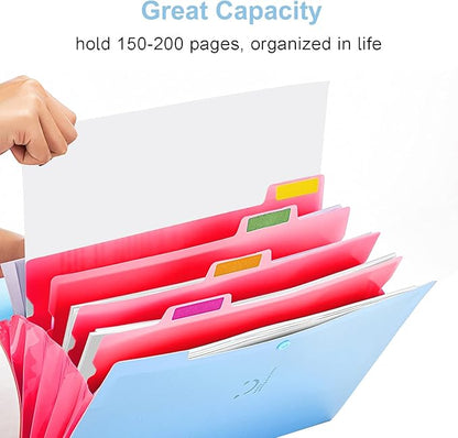 Forvencer Accordion File Organizer, Letter Size, 5 Pocket Expanding File Folder, Cute File Folder with Labels, Portable File Organizer for School Office Supplies, Folders for Documents, Blue