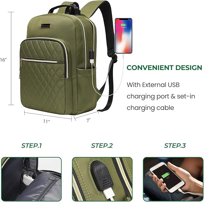 Modoker 15.6 Inch Laptop Backpack for Women, Quilted Work Backpack for Women Bookbag Teacher Backpack, Travel Backpack with USB Charging Port, Backpack Purse for Women Nurse, Green