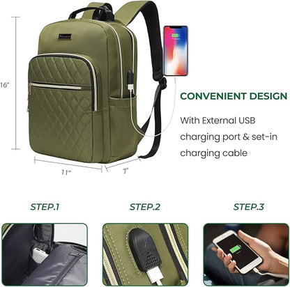 Modoker 15.6 Inch Laptop Backpack for Women, Quilted Work Backpack for Women Bookbag Teacher Backpack, Travel Backpack with USB Charging Port, Backpack Purse for Women Nurse, Green