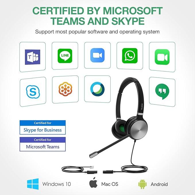 Yealink Phone Headsets for Office Phones YHS36 QD to RJ9 Wired Headset Compatible with Poly Snom Grandstream Phones Desk Landline VoIP Headset with Microphone -Dual/170g/2.1m Cable