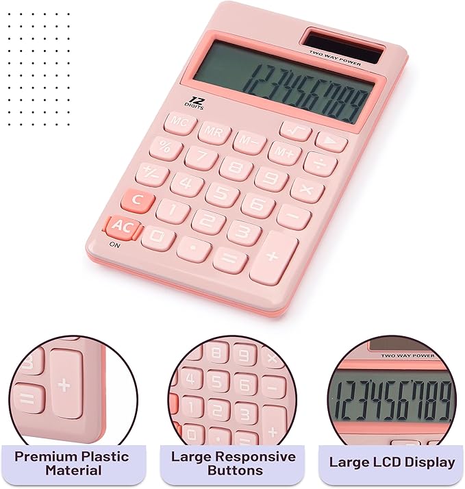 Mr. Pen- Standard Function Calculator, 12 Digits, Small Calculator, Light Pink Solar Calculator, Pocket Calculator, Simple Calculator, Basic Office Calculators, Solar Handheld Calculator
