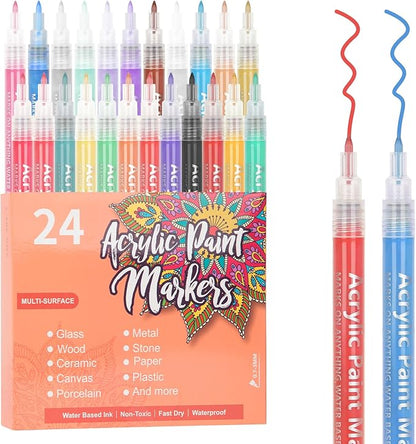 SMOOTHERPRO Acrylic Paint Markers Rock Painting 24 Colors Water-Based Pens 0.7mm Extra Fine Tip for Adults Stone Canvas Ceramic Decorating (HAPM24)