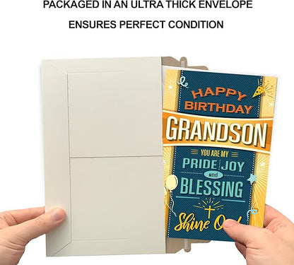 Prime Greetings Religious Birthday Card For Grandson, Made in America, Eco-Friendly, Thick Card Stock with Premium Envelope 5in x 7.75in, Packaged in Protective Mailer