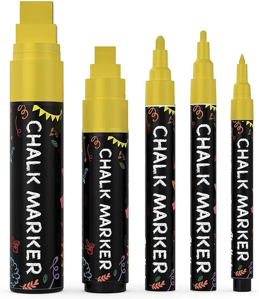5 Gold Chalkboard Chalk Markers - Gold Dry Erase Markers for Blackboard, Chalkboard Signs, Windows, Glass | Variety Pack - Fine & Jumbo Size Ink Pen (1mm, 3mm, 6mm, 10mm, 15mm)