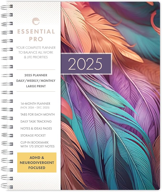 Essential PRO 2025 Daily, Weekly & Monthly Planner, 8.5"x11": 14 Months (Nov 2024 - Dec 2025) Monthly Tabs,Daily Tracking,Notes Pages,Storage Pocket,Bookmark w Sticky Notes (Pastel Peacock)