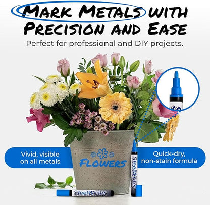 Metal Marking Paint Pen - Industrial Marker For Writing & Drawing on Steel and Metals - Washable Removable Paint Markers For Metal, Wet Erase Metal Paint, Blue Paint Pen for Construction and Welders
