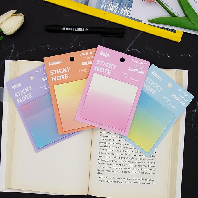Gradient Transparent Sticky Notes, 8x8 cm See Through Notes for Annotating Bible Journaling Office Supplies, 50 Sheets/Pad, 4 Pads