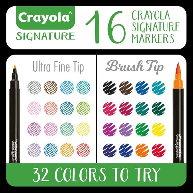 Crayola Brush & Detail Dual Tip Marker Set, 16 Markers, 32 Colors, Adult Coloring Markers, Gifts for Teens & Adults