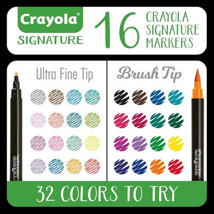 Crayola Brush & Detail Dual Tip Marker Set, 16 Markers, 32 Colors, Adult Coloring Markers, Gifts for Teens & Adults