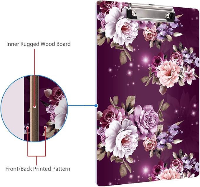 WAVEYU Letter Size Clipboard, Cute Decorative Clipboard with Low Profile Clip for Students Nurse Flower Clipboard Designed for Office School, Purple Flower (12.5"x9")
