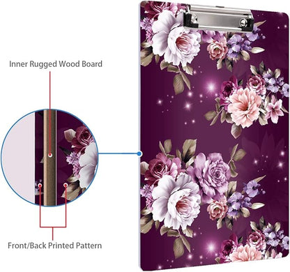 WAVEYU Letter Size Clipboard, Cute Decorative Clipboard with Low Profile Clip for Students Nurse Flower Clipboard Designed for Office School, Purple Flower (12.5"x9")
