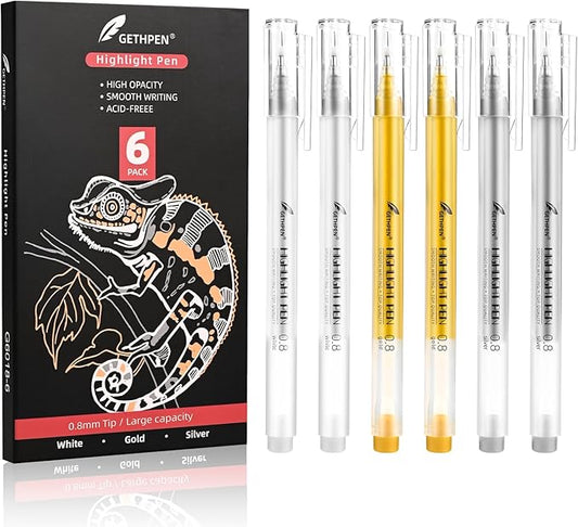 0.8mm Extra Fine Point 6 Pack Gel Pen Set White,Gold and Silver Gel Ink Pens for Artists,White Gel Pen,White Ink Pen,White Pens for Black Paper,White Pen for Artists Drawing