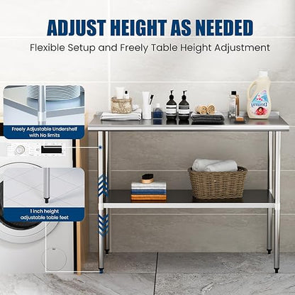 Stainless Steel Table 14 x 48 Inches Metal Prep Table with Backsplash & Adjustable Undershelf for Commercial Kitchen, Outdoor, Restaurant, Hotel & Garage