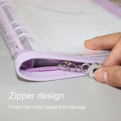 Multibey A5 Binder Cover Clear Soft PVC 6-Ring Binder Budget Cash Evelopes System with Zipper Planner Organizer Refillable Notebook Journal Binder (Purple, A5)