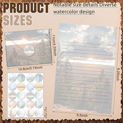 TaoBary 160 Packs Stationery Paper Set (50 Double Sided Stationery Writing Papers 50 Matching Envelopes) 60 Round Dot Sticker, 10 Design(Scenic Nature,5.5 x 8.25 Inch)