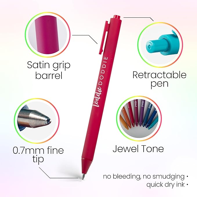 Loddie Doddie Jewel Tones Gel Pens - 0.7mm Medium Point, Smooth Writing, Retractable Gel Pens - No Bleed, Non-Smudge, Colored, 8-Pack for Journaling and Note Taking