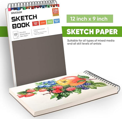 Soucolor 9" x 12" Sketch Book, 1-Pack 100 Sheets Spiral Bound Art Sketchbook, Acid Free (68lb/100gsm) Artist Drawing Book Paper Painting Sketching Pad