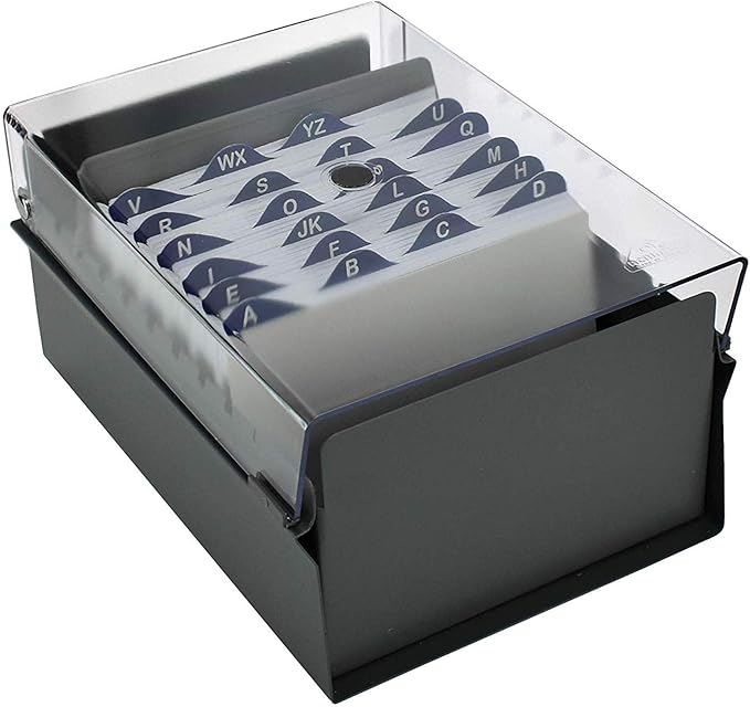 Acrimet 4 x 6 Card File Holder Organizer Metal Base Heavy Duty (AZ Index Cards and Divider Included) (Gray Color with Clear Crystal Plastic Lid Cover)