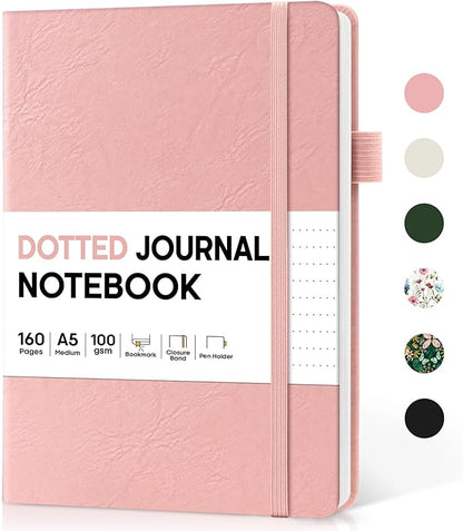 Bullet Dotted Journal Notebook for Women & Men, Hardcover Leather Journal for Writing, A5 Bullet Journaling Notebook for Work & Sketching, Perfect for Office School Home Supplies, 160 Pages, Pink