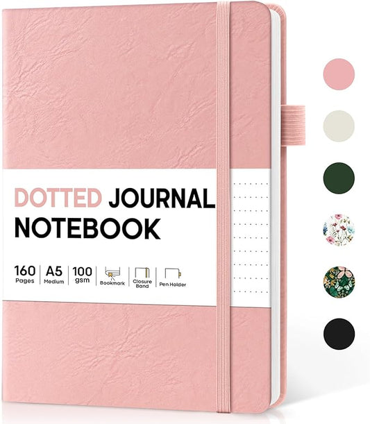 Bullet Dotted Journal Notebook for Women & Men, Hardcover Leather Journal for Writing, A5 Bullet Journaling Notebook for Work & Sketching, Perfect for Office School Home Supplies, 160 Pages, Pink