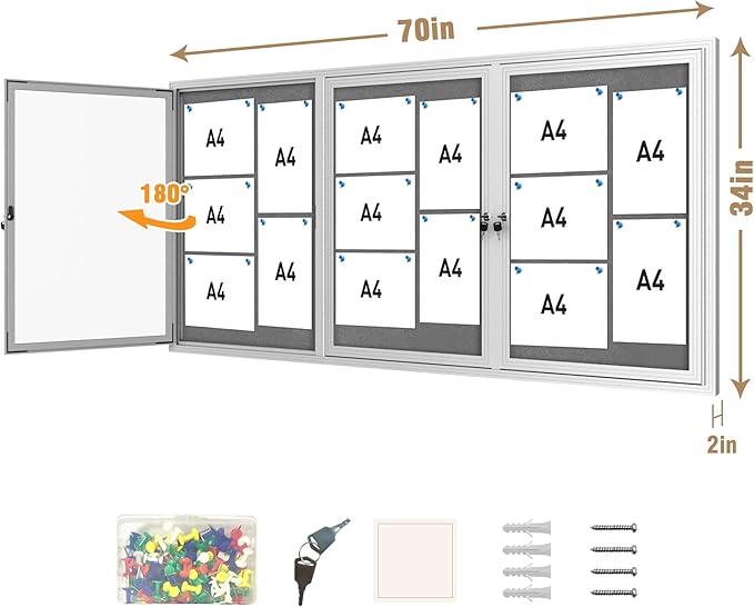 70"x34" Enclosed Bulletin Board, Outdoor Lockable Weather-Resistant Aluminum Cork Noticeboard for School & Office, Silver Frame w/Grey Flet