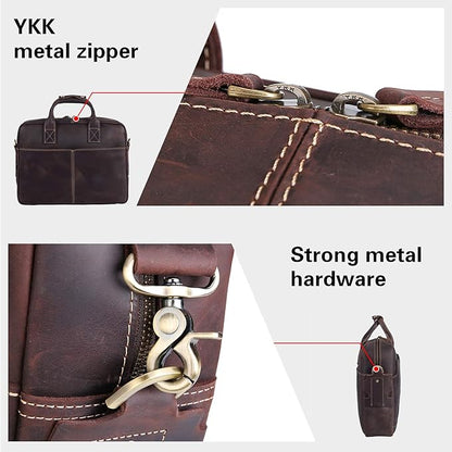 Polare Leather Briefcase for Men Business Travel Messenger Bags 15.6 Inch Laptop Bag YKK Metal Zipper