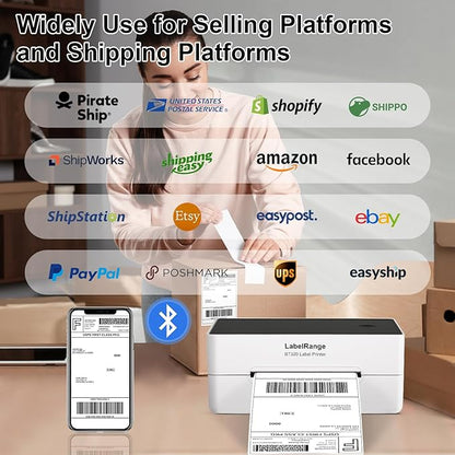 Ecommerce Label Printer, Bluetooth Thermal Shipping Label Printer, 4x6 Thermal Printer Compatible with Android, iOS, Windows, Amazon, Ebay, Shopify, Etsy, USPS, Pirate Ship, Shippo