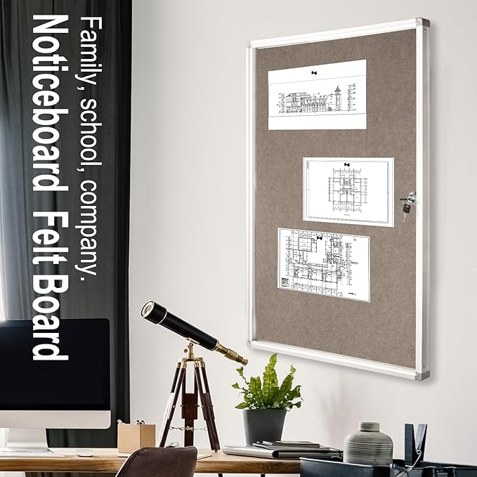 BIBOC Enclosed Felt Bulletin Board 36x24 inch Lockable Cork Noticeboard Display Cases Tamperproof Notice Poster Memo Board with Class 1 Aluminum Frame (Felt, 24×36 inches)