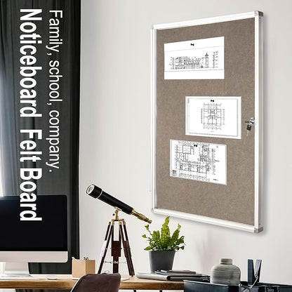 BIBOC Enclosed Felt Bulletin Board 36x24 inch Lockable Cork Noticeboard Display Cases Tamperproof Notice Poster Memo Board with Class 1 Aluminum Frame (Felt, 24×36 inches)