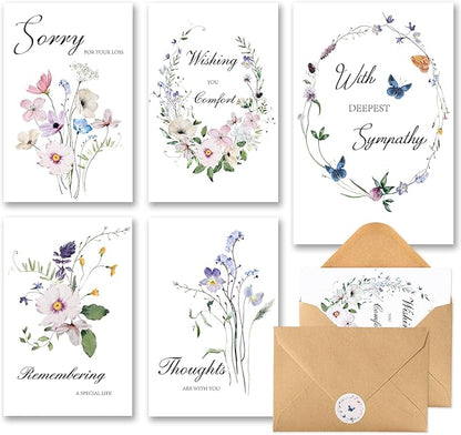 C2U Sympathy Cards with Envelopes- 20 Pack 4"x6"Condolence Cards with Thoughtful Messages & Stickers-Floral Sympathy Cards Assortment Box with Envelopes
