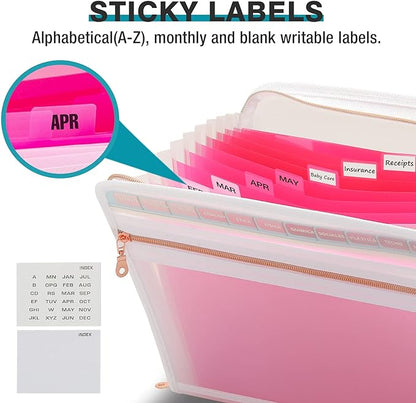 H4D 13 Pocket Expanding File Folder Organizer with Front Clear Pounch, Accordion File Organizer with Zipper Clourse, Fit for Letter Size Papers, Pink