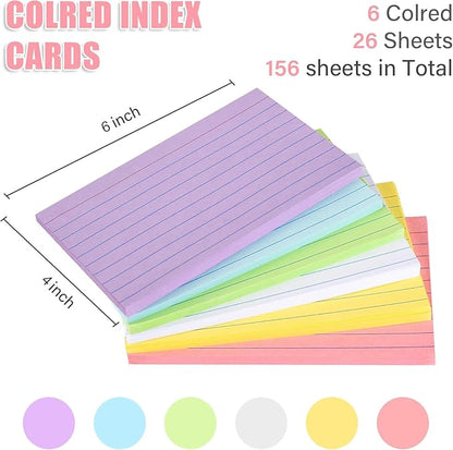 Index Cards 4" x 6" Colored, Ruled Index Cards, Ruled Lined Index Note Cards, Assorted Colors, 4x6 Flashcards for Studying, Blank on Back, Heavy Weight Flash Card 4 x 6, 156 Count (Inches, 4x6)