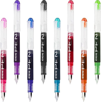 EYEYE Disposable Fountain Pens, 8 Pack Multicolor Fine Point Fountain Pens for Writing, Stainless Steel Nib, Smooth Writing for Calligraphy, Journaling, Drafting, Sketching, Doodling & Gifts